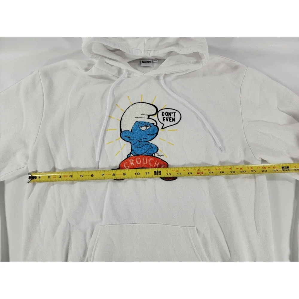 VTG The SMURFS White Hoodie Patch Appliqué Graphic GROUCHY Sweatshirt Adult Sz L